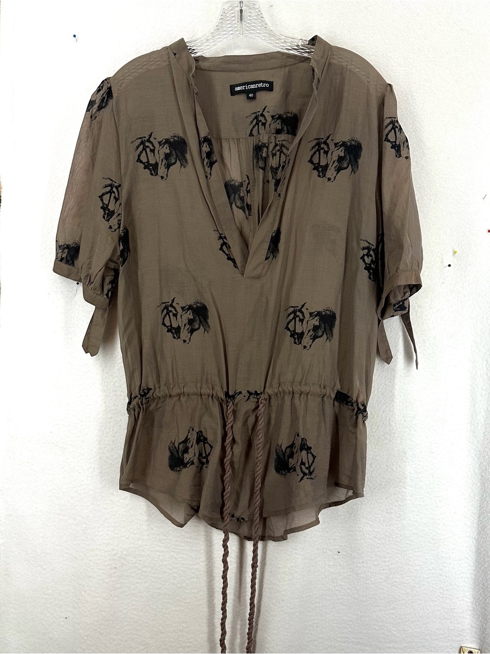 American Retro Emma Tunic Women’s Size 40 Brown Horse Print Silk Cotton Top